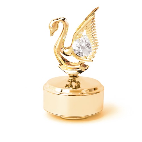 24k Gold Plated Mini Swan Music Box w/Clear Swarovski Element Crystal