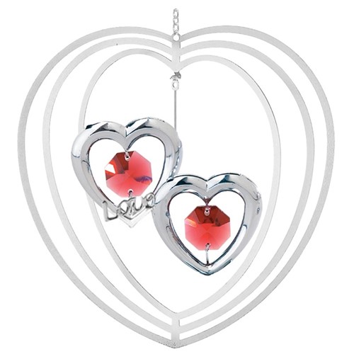 Chrome Plated Twin Hearts Heart Shape Ornament W/Red Swarovski | Mascot USA