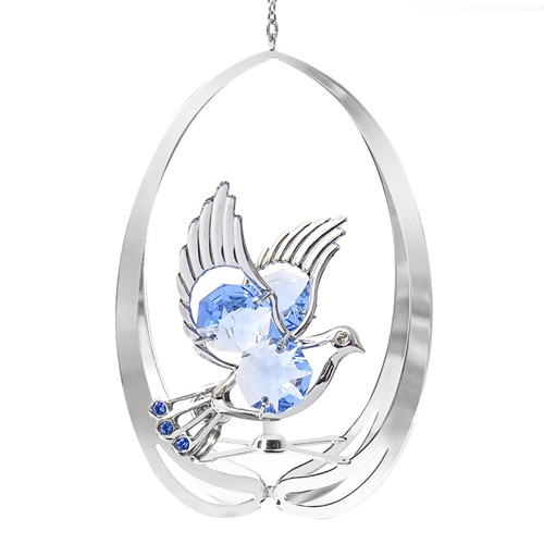 Chrome Plated Dove in Ellipse Ornament w/Blue Swarovski Element Crystal