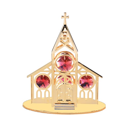 24K Gold Plated Church On Stand W/Red Swarovski | Mascot USA