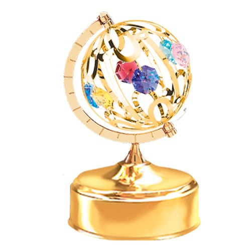 24K Gold Plated Large Spinning Globe Music Box W/Mixed Swarovski | Mascot USA