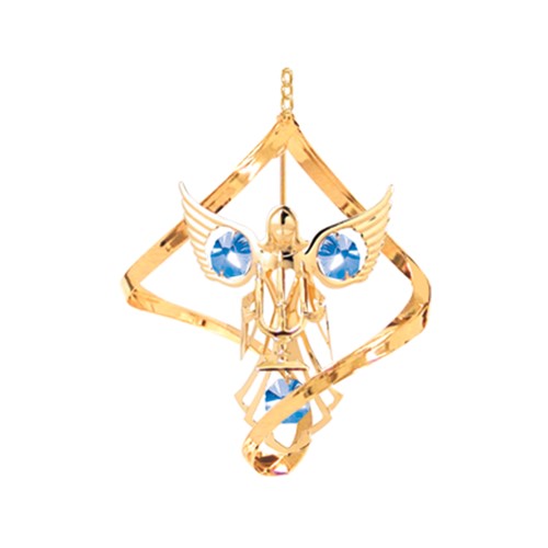 24k Gold Plated Angel w/Candle Large Spiral w/Blue Swarovski Element Crystal