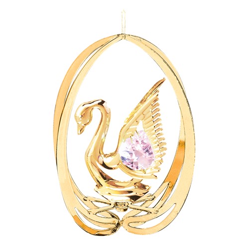 24K Gold Plated Swan In Ellipse Ornament W/Pink Swarovski | Mascot USA