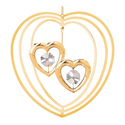 24K Gold Plated Twin Hearts Heart Ornament W/Clear Swarovski | Mascot USA