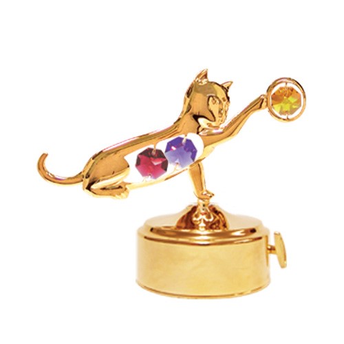 24K GOLD PLATED CAT w/BALL MUSIC BOX W/SWAROVSKI ELEMENT CRYSTALS